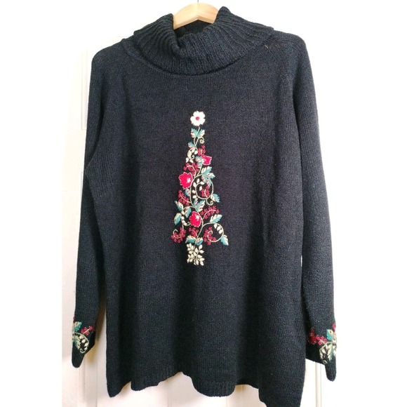 Coldwater Creek Sweaters - Coldwater Creek Women's 1X Black Turtleneck Sweater with Embroidered Floral